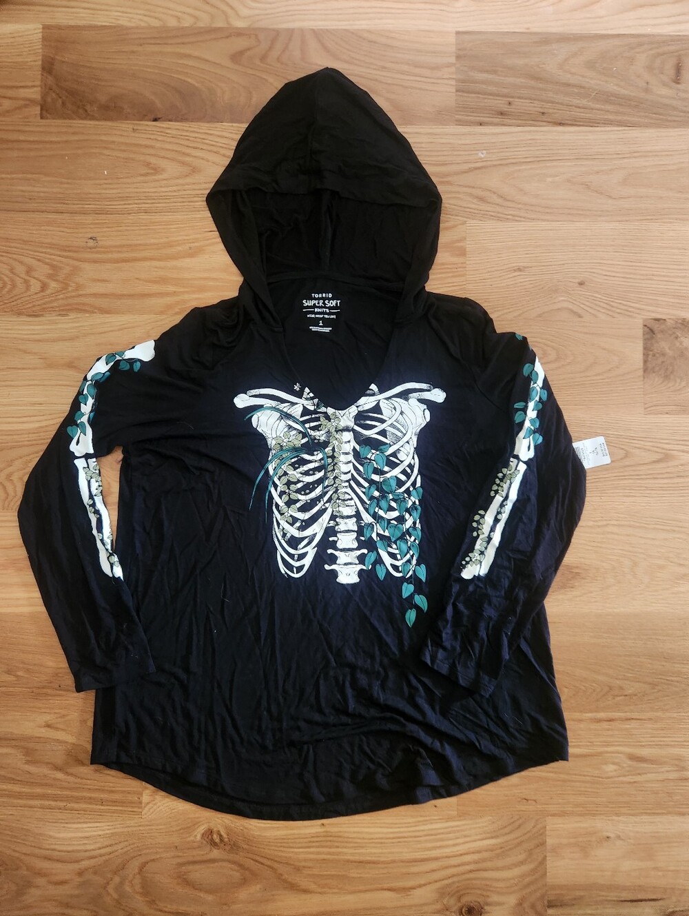 Torrid Black Hooded Long-Sleeve Top with Teal and White Skeleton/Plant Graphic